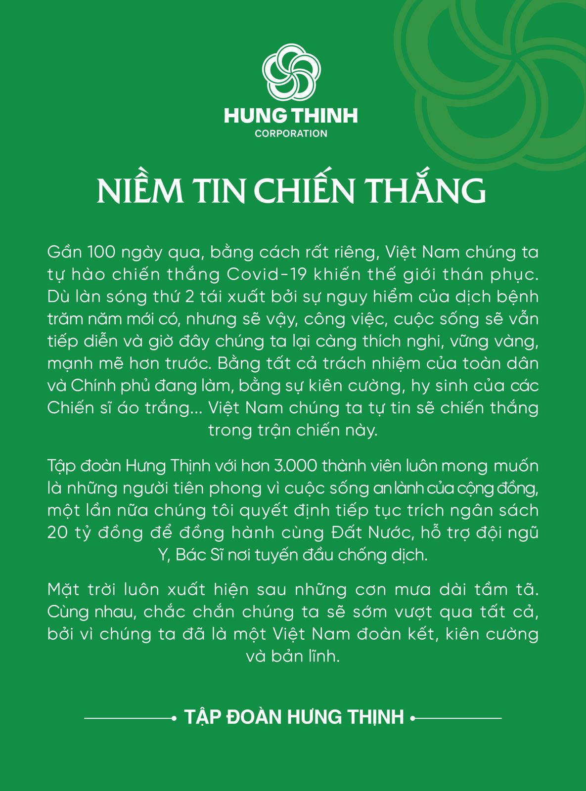 Tập đoàn Hưng Thịnh tiếp tục trích ngân sách 20 tỷ đồng ủng hộ hoạt động phòng, chống Covid-19