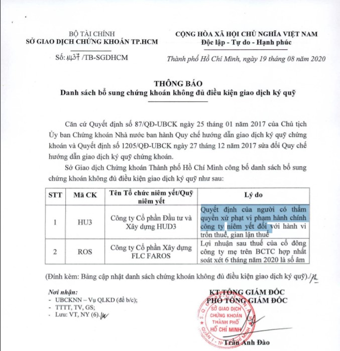 ROS và HU3 bị HOSE cấm giao dịch ký quỹ