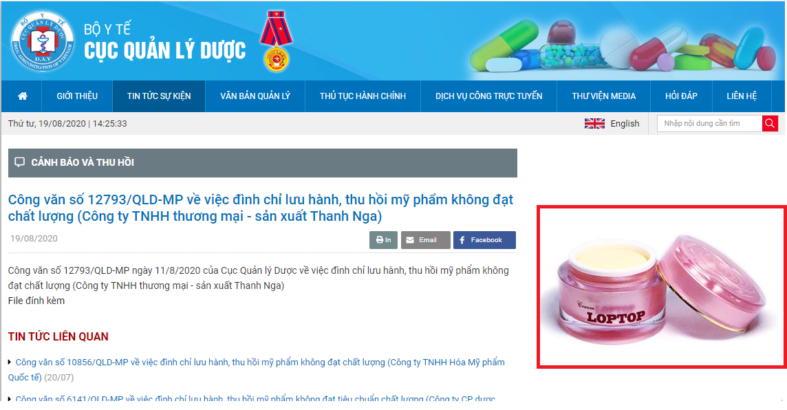 Thu hồi toàn quốc lô mỹ phẩm Cream LOPTOP vì chứa thành phần cấm