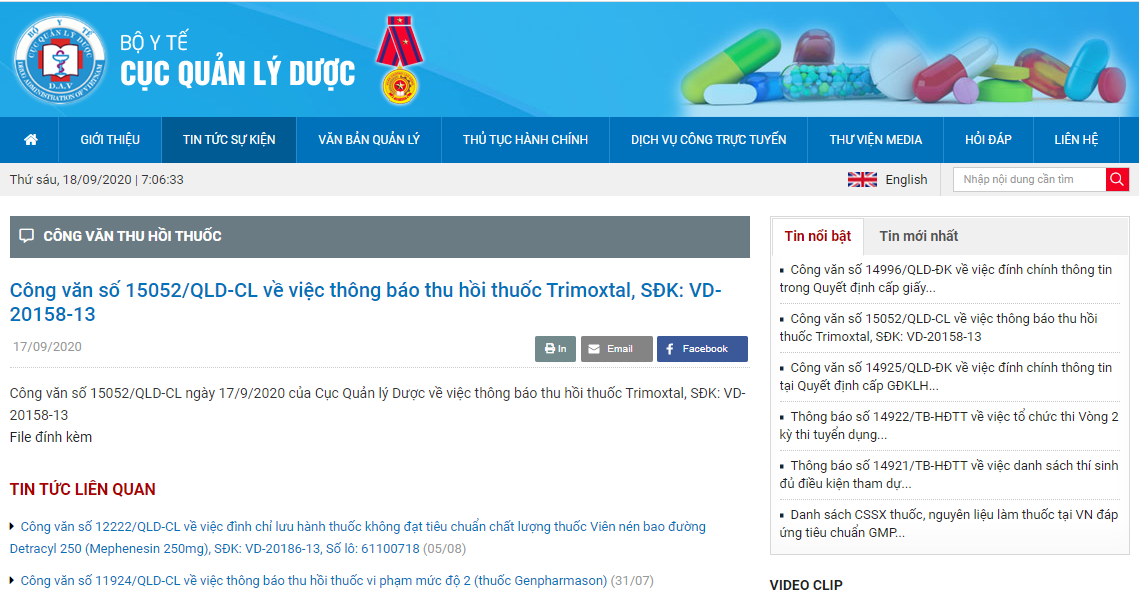 Bộ Y tế ra công văn khẩn thu hồi thuốc kháng sinh Trimoxtal