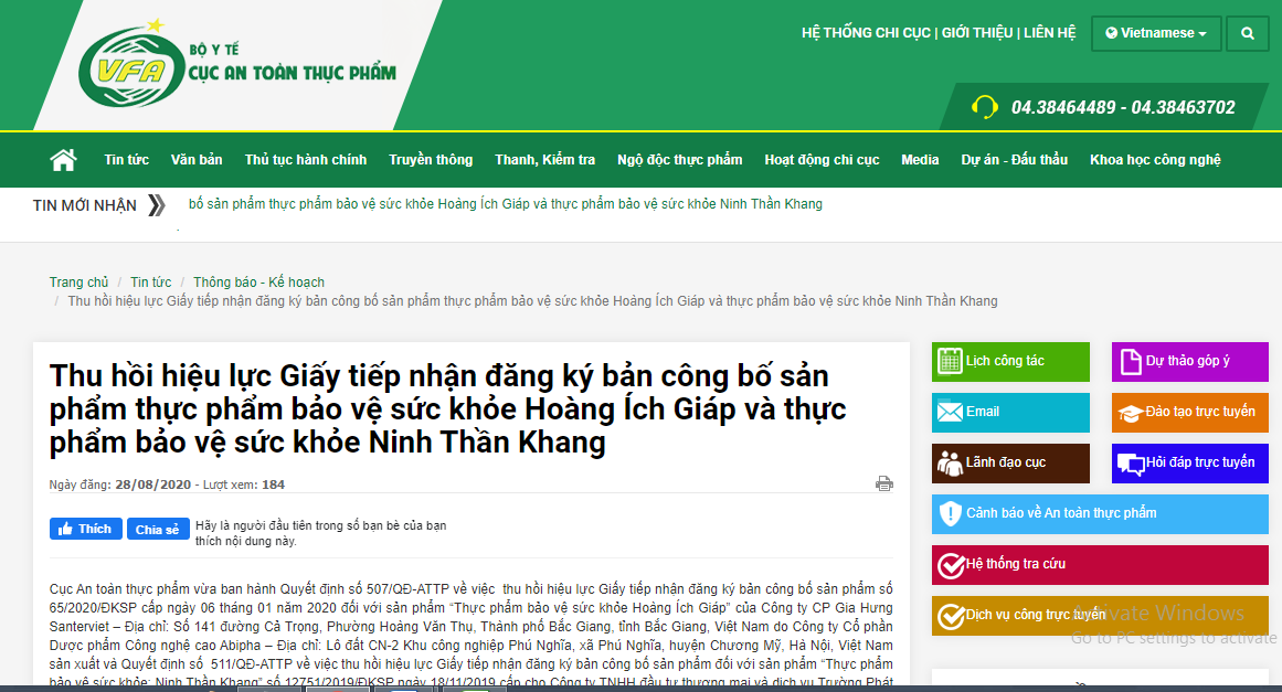 Thu hồi hiệu lực Giấy tiếp nhận đăng ký bản công bố TPBVSK  Hoàng Ích Giáp và Ninh Thần Khang