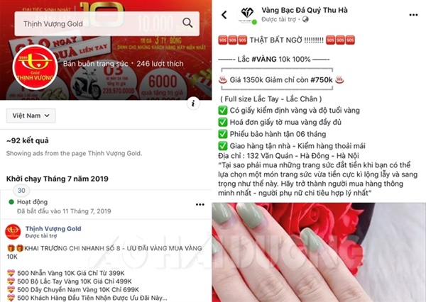 Cảnh báo mua vàng trang sức trên chợ mạng Tiền mất – tật mang