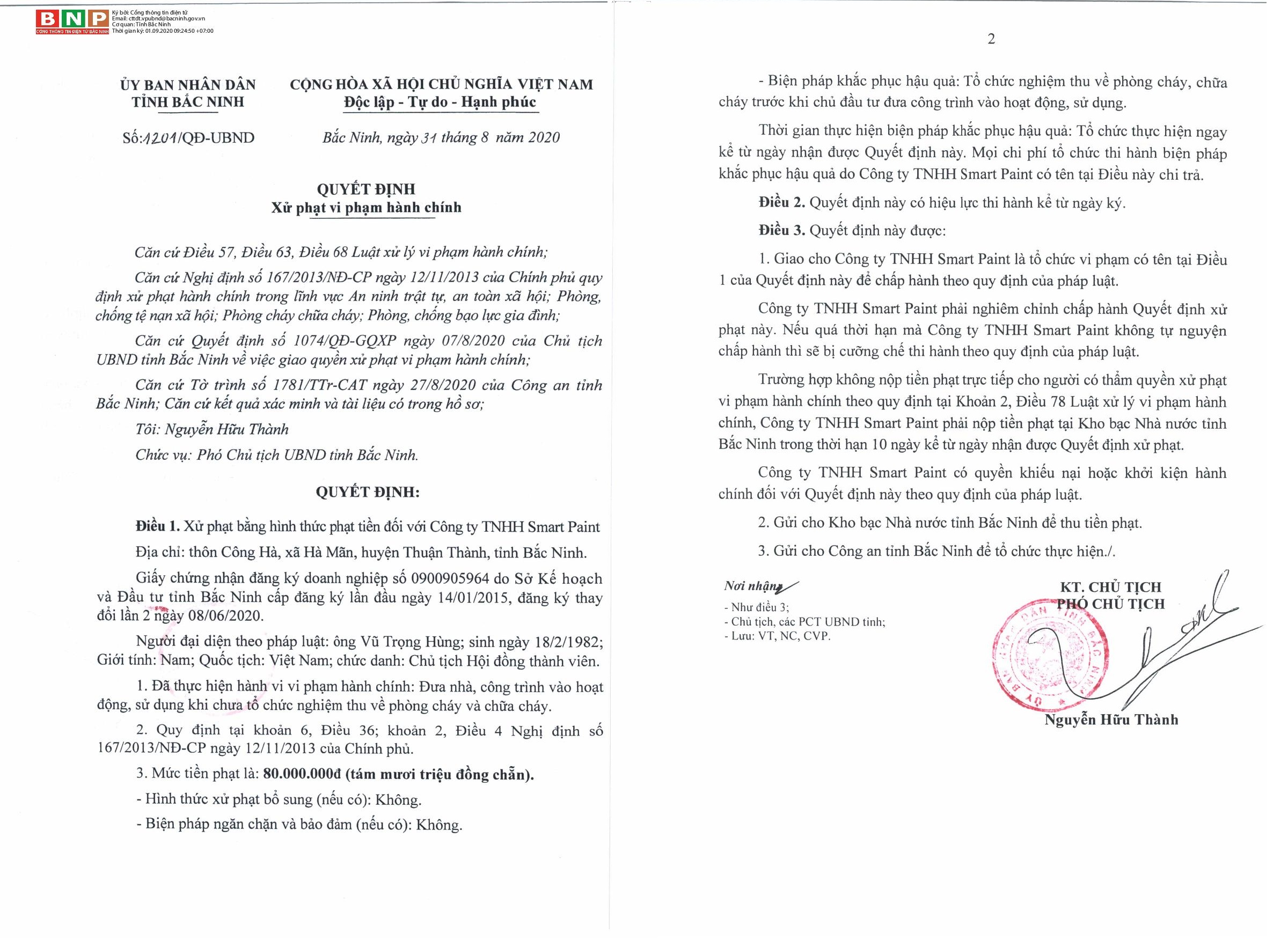 Bắc Ninh Xử phạt Công ty TNHH Smart Paint 80 triệu đồng do vi phạm PCCC 