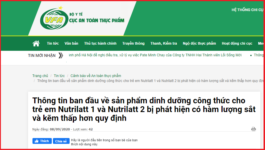 Phát hiện “Sữa Nutrilatt” cho trẻ em có hàm lượng sắt, kẽm thấp hơn quy định