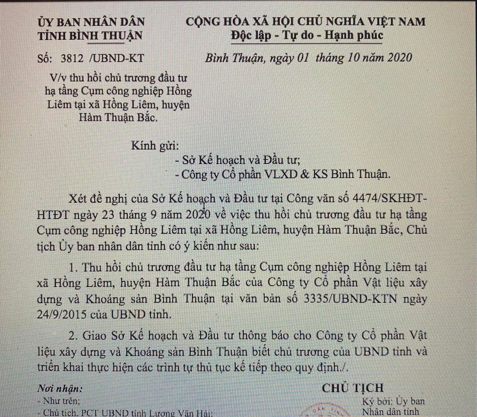 Ninh Thuận thu hồi chủ trương đầu tư cụm công nghiệp Hồng Liêm của Công ty CP Vật Liệu Xây Dựng và Khoáng Sản Bình Thuận