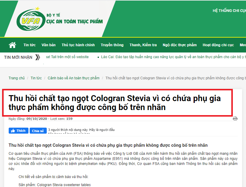 Cục ATTP thông báo thu hồi chất tạo ngọt Cologran Stevia