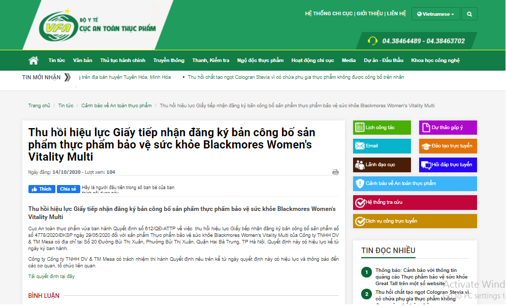 Thu hồi giấy xác nhận công bố sản phẩm TPBVSK Blackmores Womens Vitality Multi