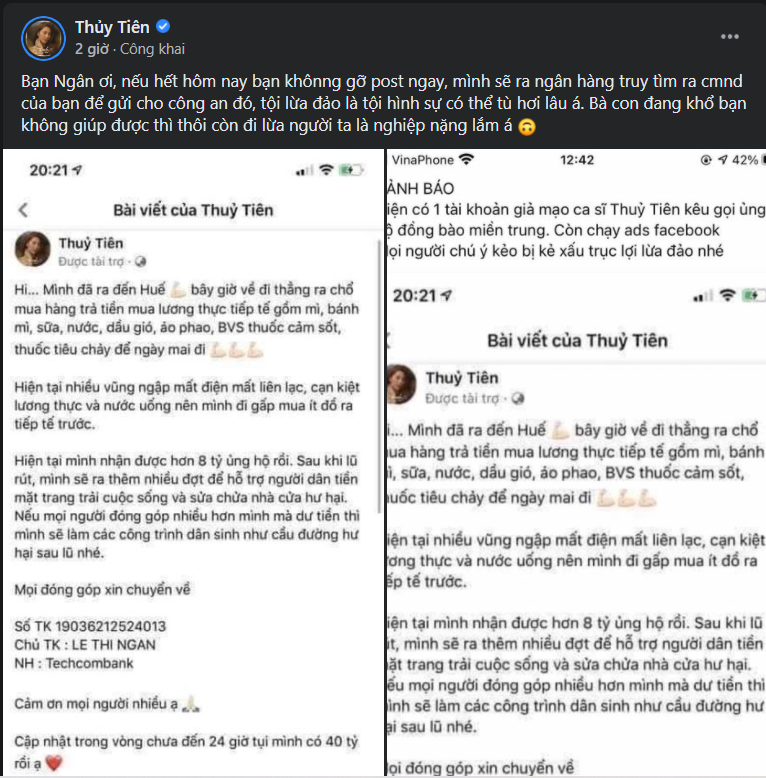 Xuất hiện tài khoản mạo danh ca sỹ Thủy Tiên kêu gọi ủng hộ đồng bào miền Trung
