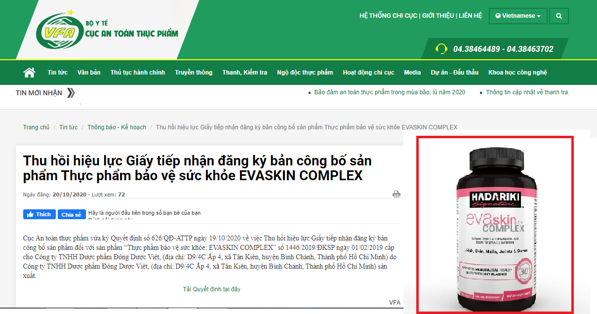 Thu hồi giấy xác nhận TPBVSK Evaskin Complex