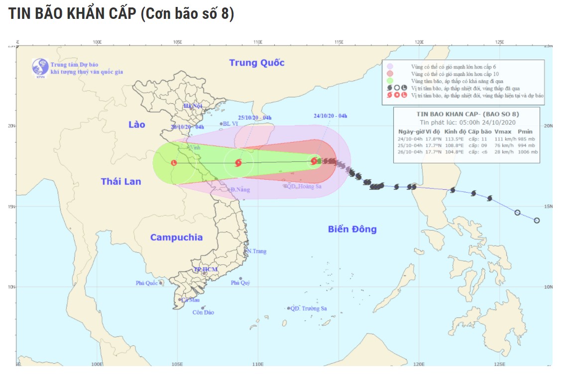 Bão số 8 suy yếu, sức gió mạnh nhất vùng gần tâm bão mạnh cấp 11 