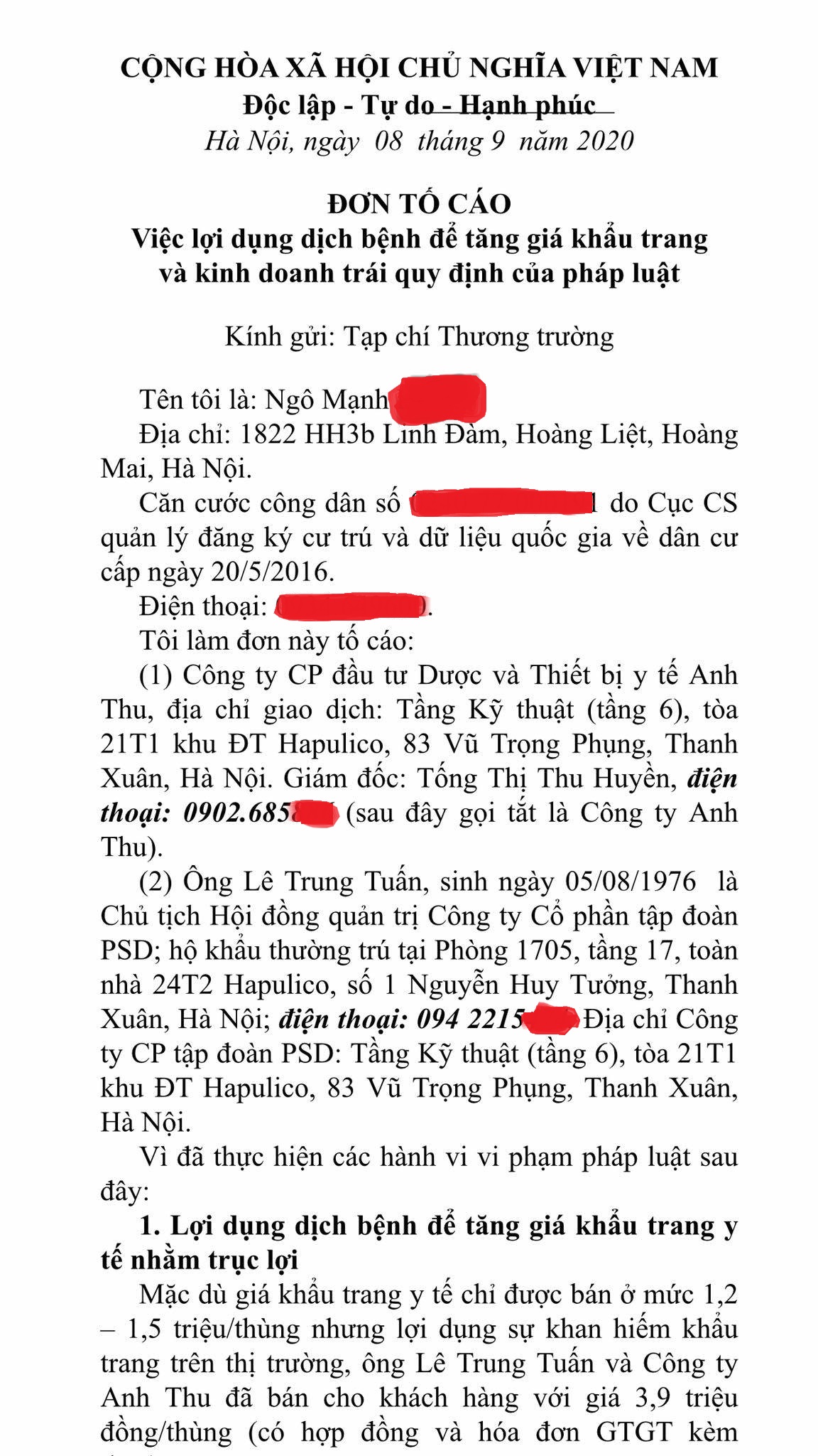 Khách hàng tố Công ty CP Anh Thu tăng giá khẩu trang, có dấu hiệu trốn thuế