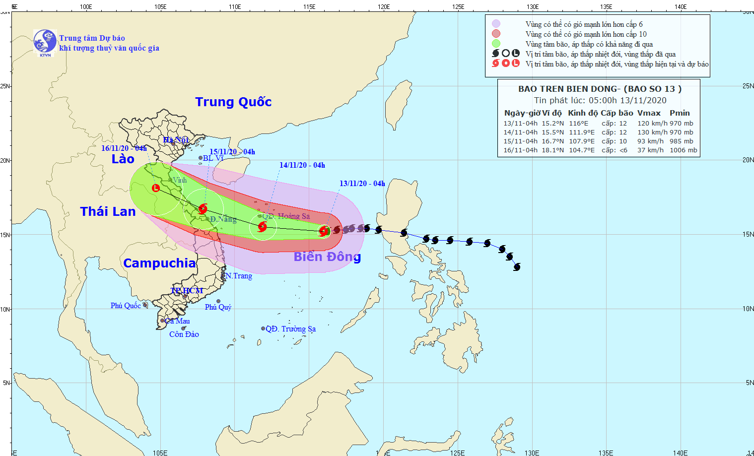 Bão Vamco giật cấp 15, hướng vào vùng biển các tỉnh từ Quảng Bình đến Quảng Nam.