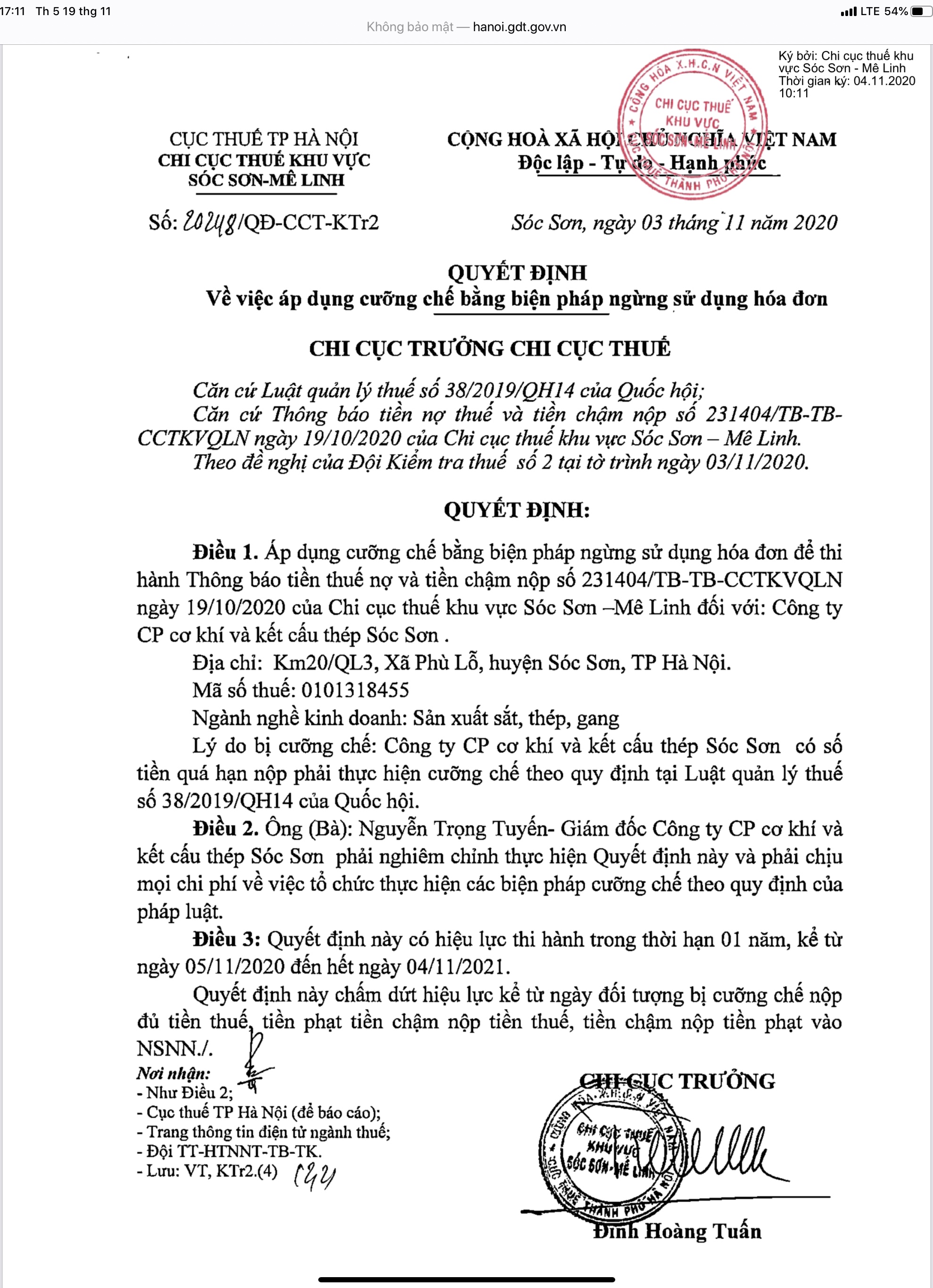 Quyết định cưỡng chế bằng biện pháp ngừng sử dụng hóa đơn với công ty CP cơ khí và kết cấu Sóc Sơn