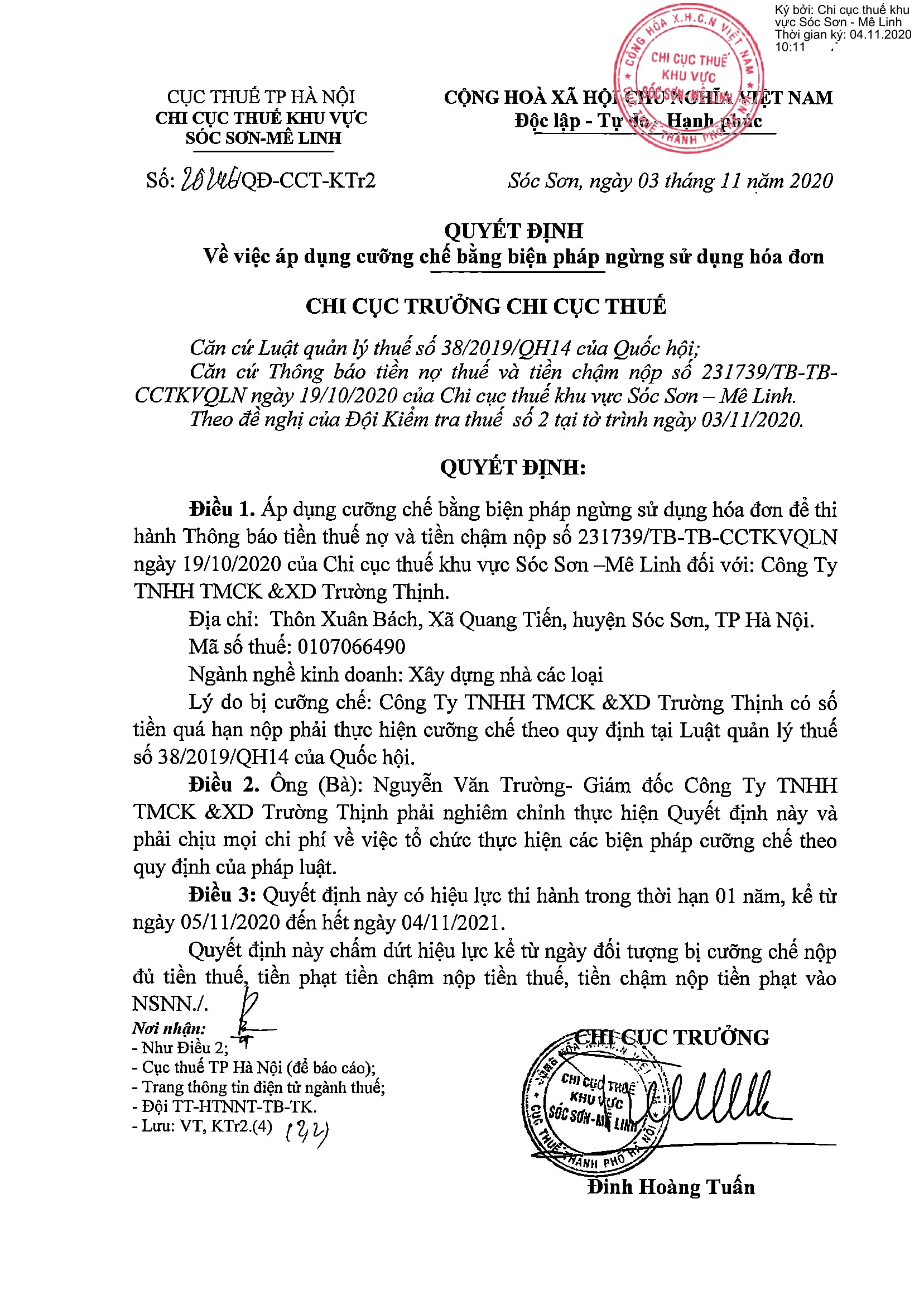 Quyết định cưỡng chế ngừng sử dụng hóa đơn với Công ty TNHH TMCK  XD Trường Thịnh