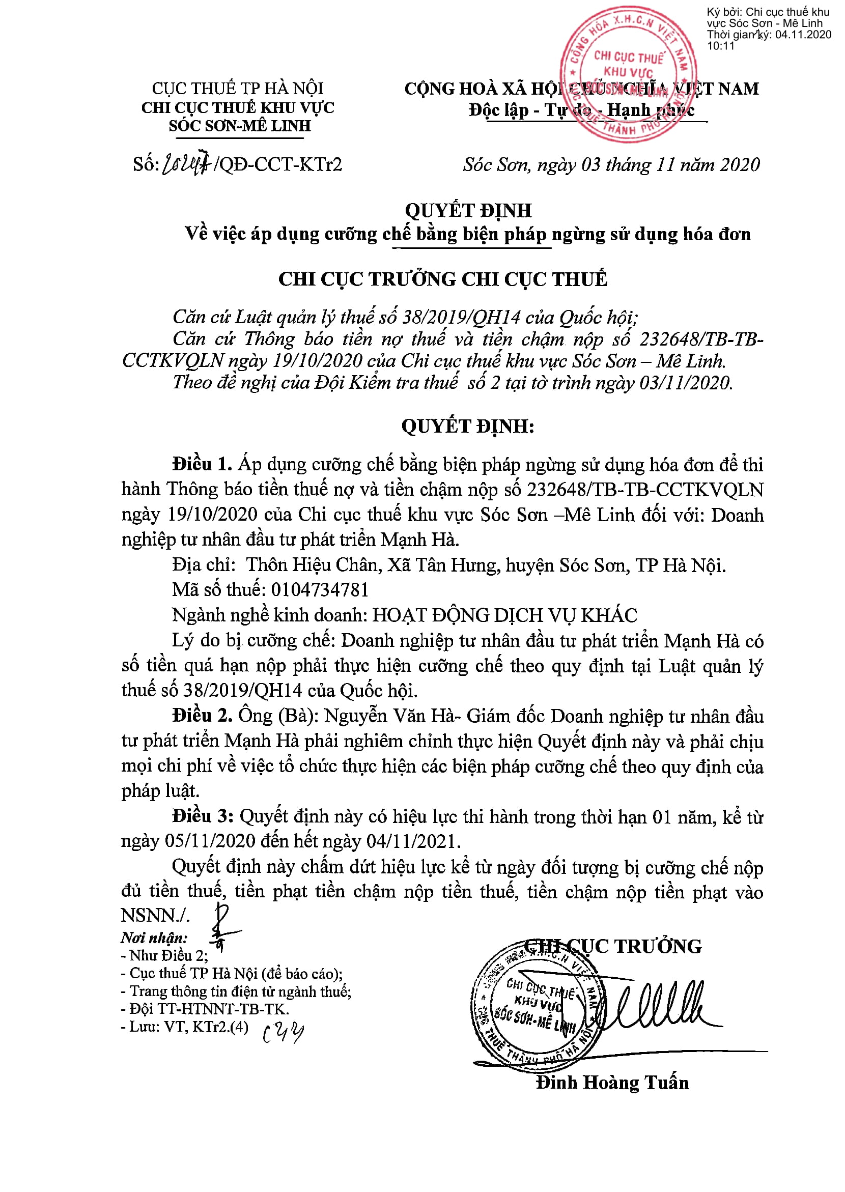 Quyết định cưỡng chế ngừng sử dụng hóa đơn thuế đối với Doanh nghiệp tư nhân ĐTPT Mạnh Hà