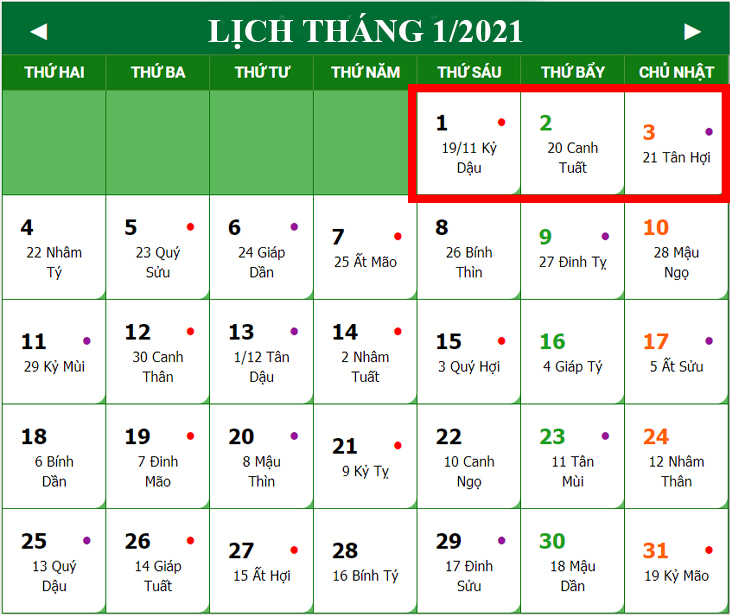 Các ngày nghỉ lễ, tết năm 2021
