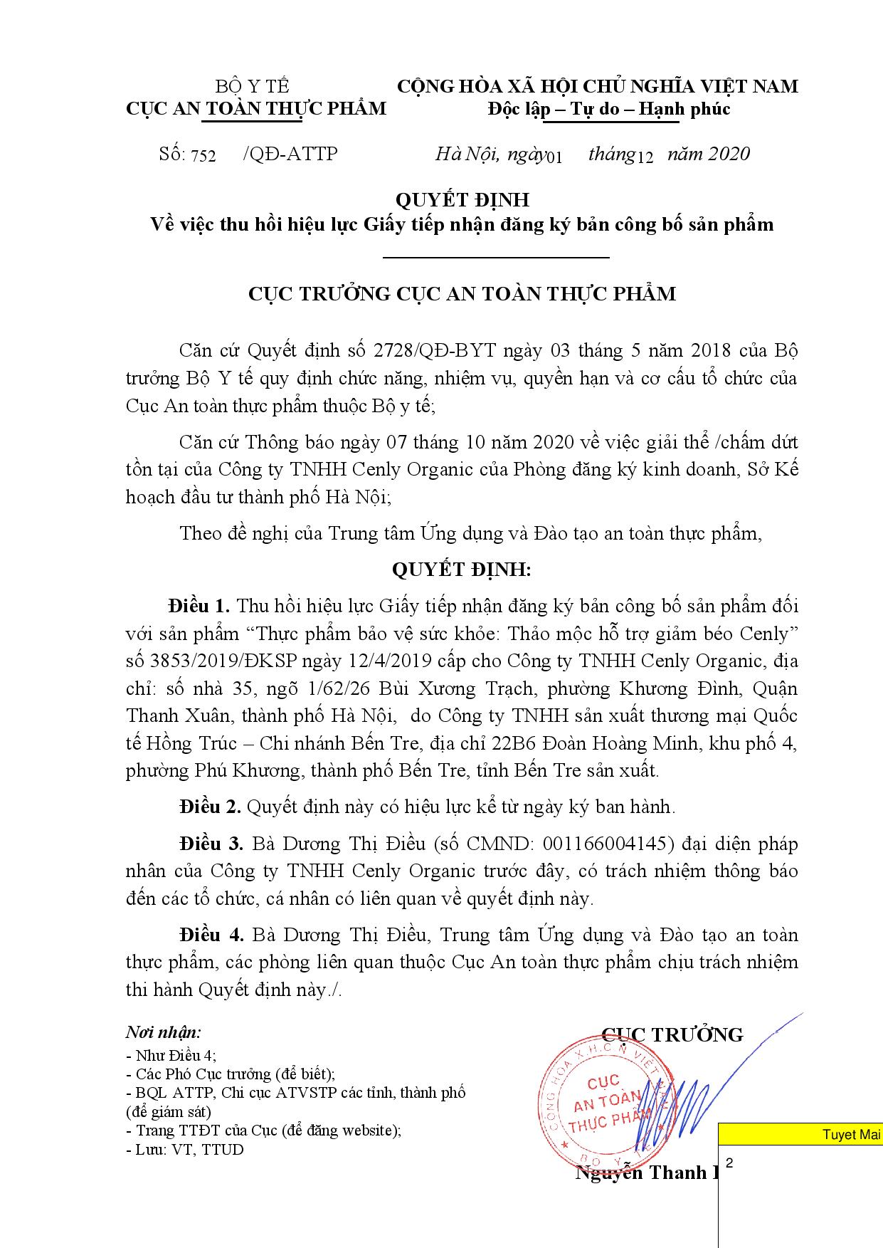 Thu hồi Giấy công bố sản phẩm Thực phẩm BVSK Thảo mộc hỗ trợ giảm béo Cenly 