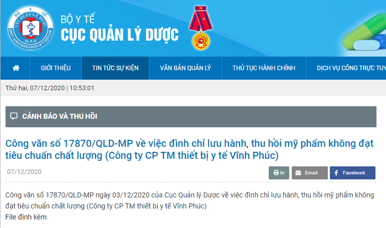 Thu hồi lô sản phẩm Nước muối Vĩnh Phúc Smiles không đáp ứng yêu cầu về giới hạn vi sinh vật