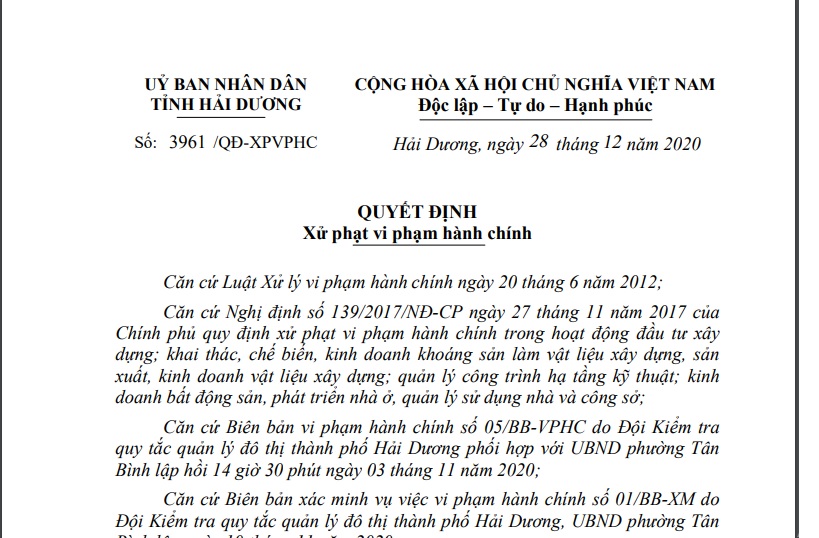 Xây dựng không phép Công ty Cổ phần giải trí Hoàng Kim bị phạt tiền 975 triệu đồng
