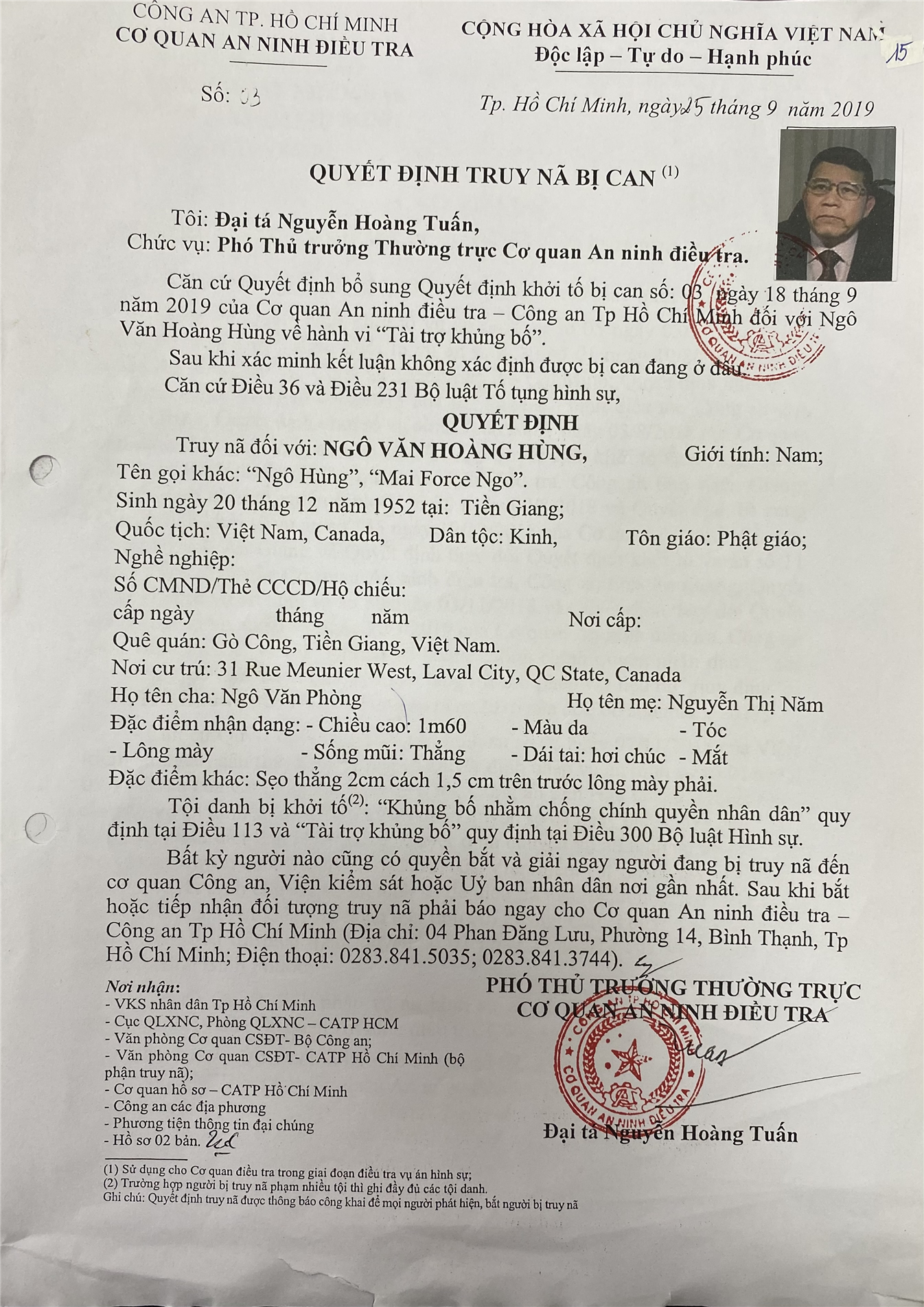 Thông báo về Tổ chức khủng bố “Triều đại Việt”