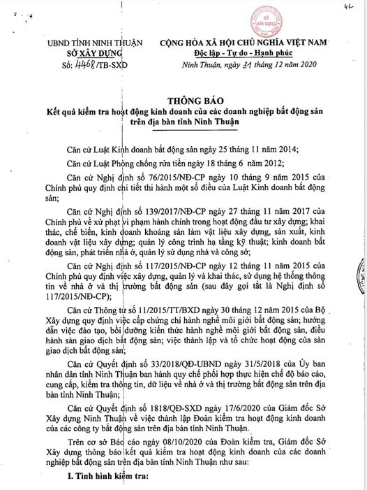 Ninh Thuận Nhiều doanh nghiệp bất động sản trốn tránh thanh kiểm tra
