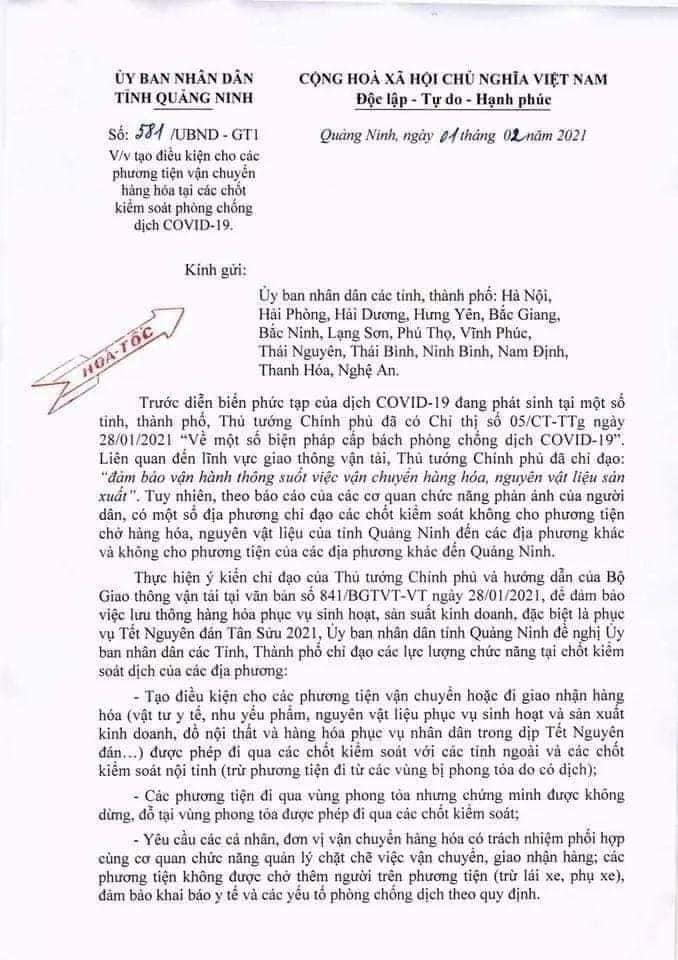 Quảng Ninh Công văn tới các Tỉnh, Thành phố đề nghị tạo điều kiện cho các phương tiện vận chuyển hàng hóa khi qua các chốt kiểm soát dịch Covid-19