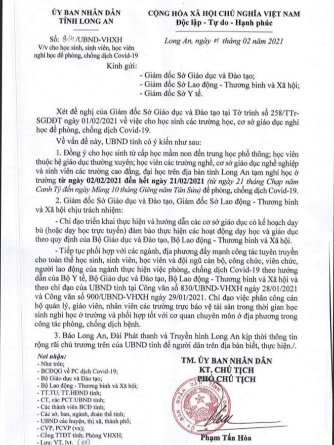 Long An Học sinh, sinh viên được nghỉ học từ ngày 22