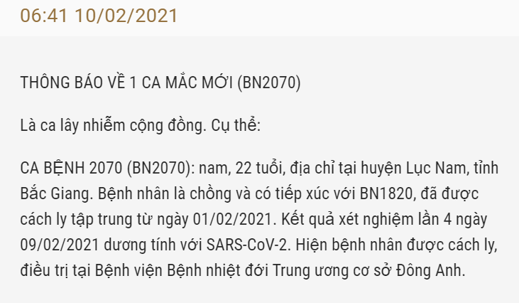 Thêm 1 ca lây nhiễm COVID - 19 tại Bắc Giang