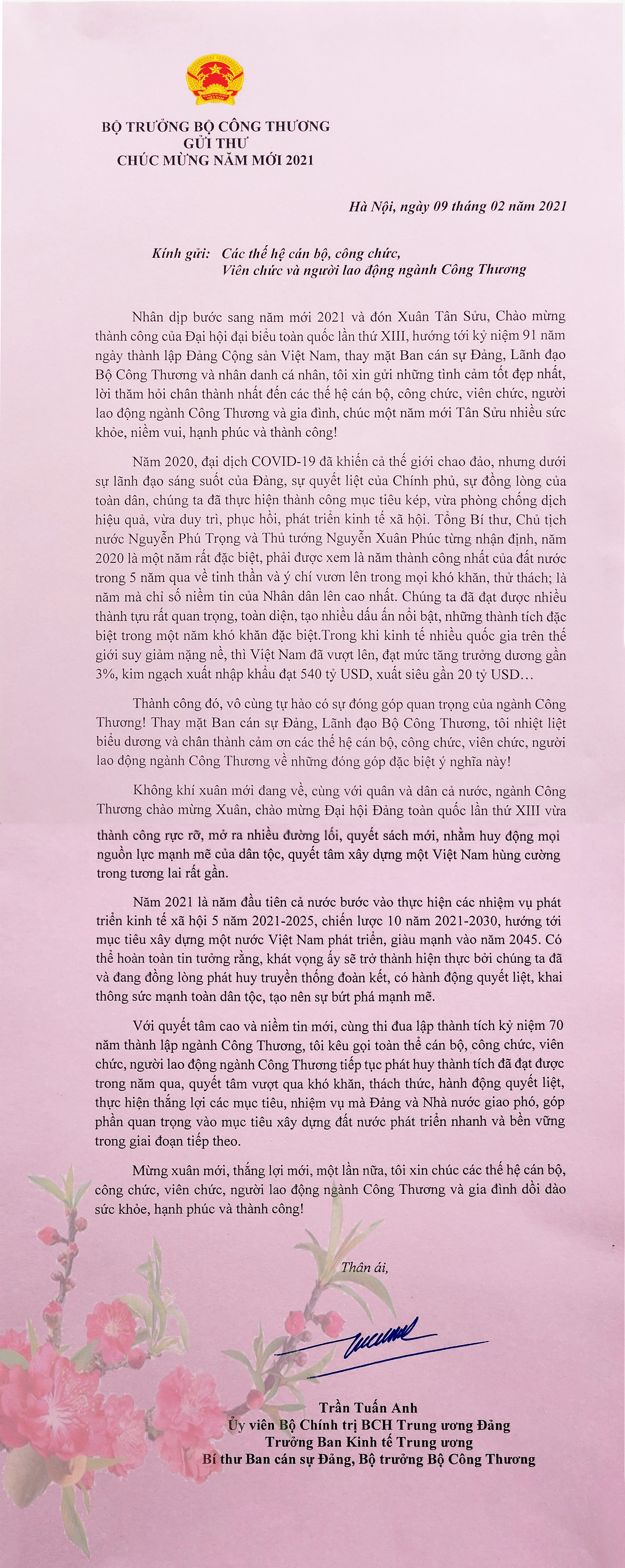 Bộ trưởng Trần Tuấn Anh gửi thư chúc mừng các thế hệ cán bộ, công chức, viên chức, người lao động ngành Công Thương và gia đình nhân dịp đầu Xuân Tân Sửu 2021