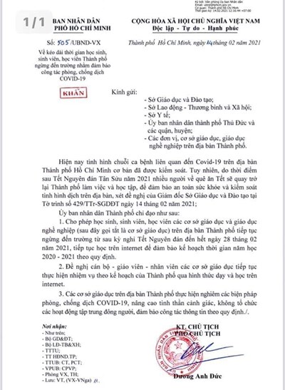 TP HCM tiếp tục cho học sinh nghỉ học đến hết ngày 282