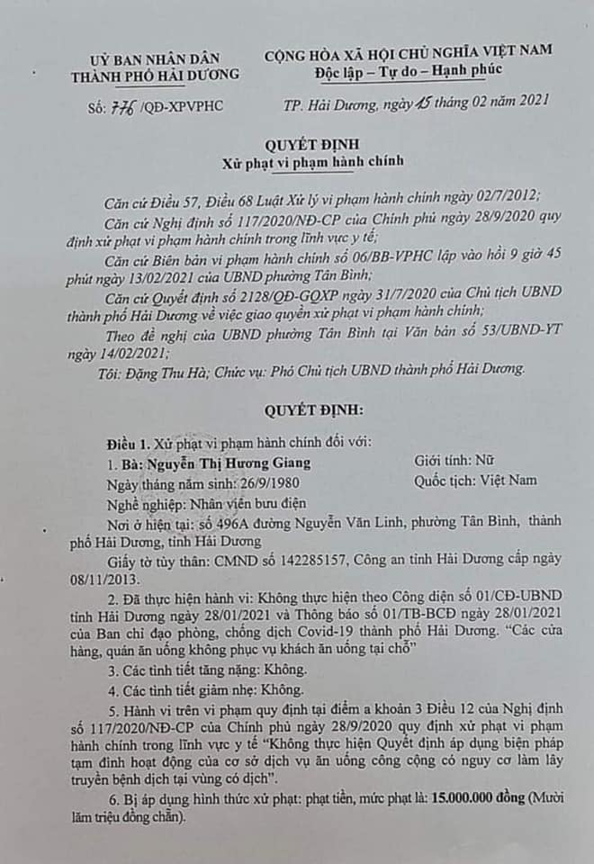 Hải Dương Xử phạt hành chính 2 chủ nhà hàng tổng số tiền 30 triệu đồng