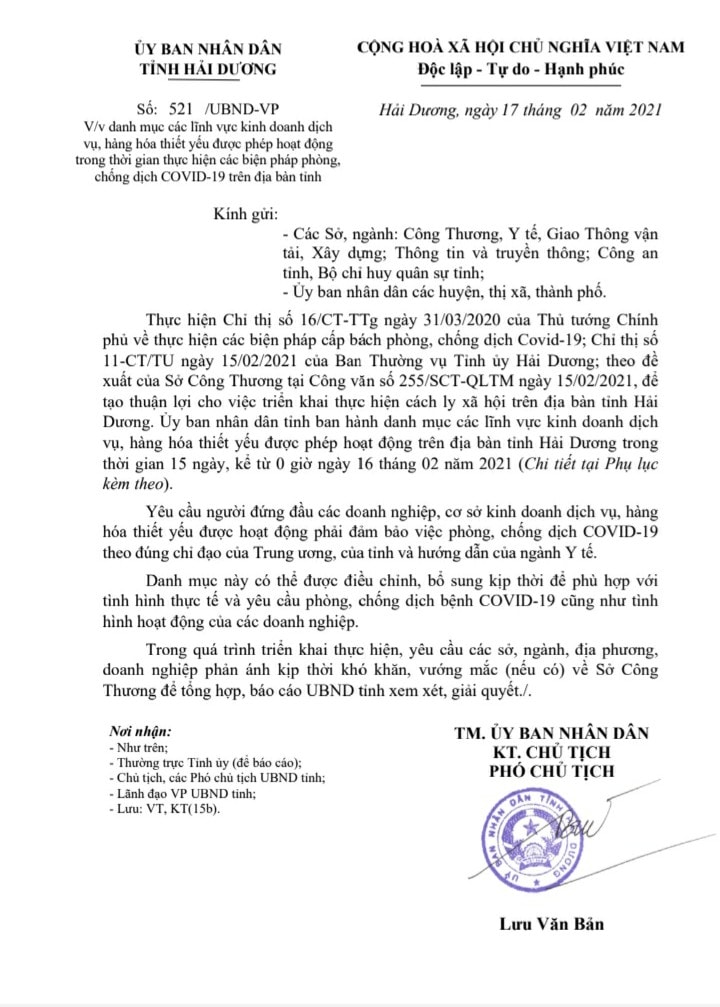 Hải Dương Ban hành danh mục các lĩnh vực kinh doanh dịch vụ, hàng hóa thiết yếu được phép hoạt động trong thời gian cách ly xã hội