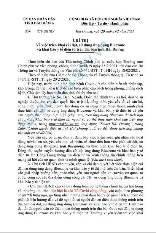 Hải Dương Chỉ thị về việc triển khai cài đặt, sử dụng ứng dụng Bluezone và khai báo y tế điện tử trên địa bàn tỉnh