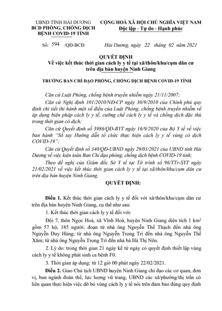 Hải Dương Kết thúc thời gian cách ly y tế đối với đội 7, thôn Ngọc Hoà, xã Vĩnh Hoà, huyện Ninh Giang