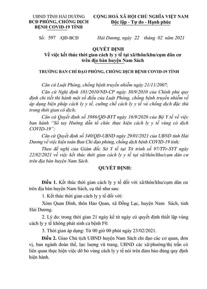 Hải Dương Kết thúc thời gian cách ly y tế đối với xóm Quan Đình, thôn Hảo Quan, xã Đồng Lạc, huyện Nam Sách