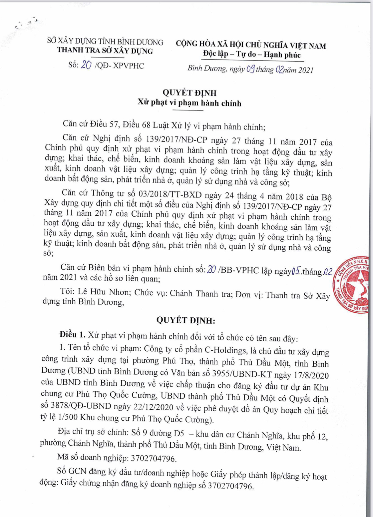 Bình Dương Ngang nhiên xây dựng không phép, Công ty cổ phần C-Holdings bị xử phạt