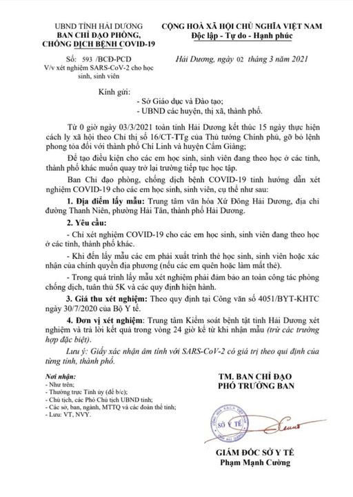 Hải Dương Xét nghiệm Sars-CoV-2 cho học sinh, sinh viên