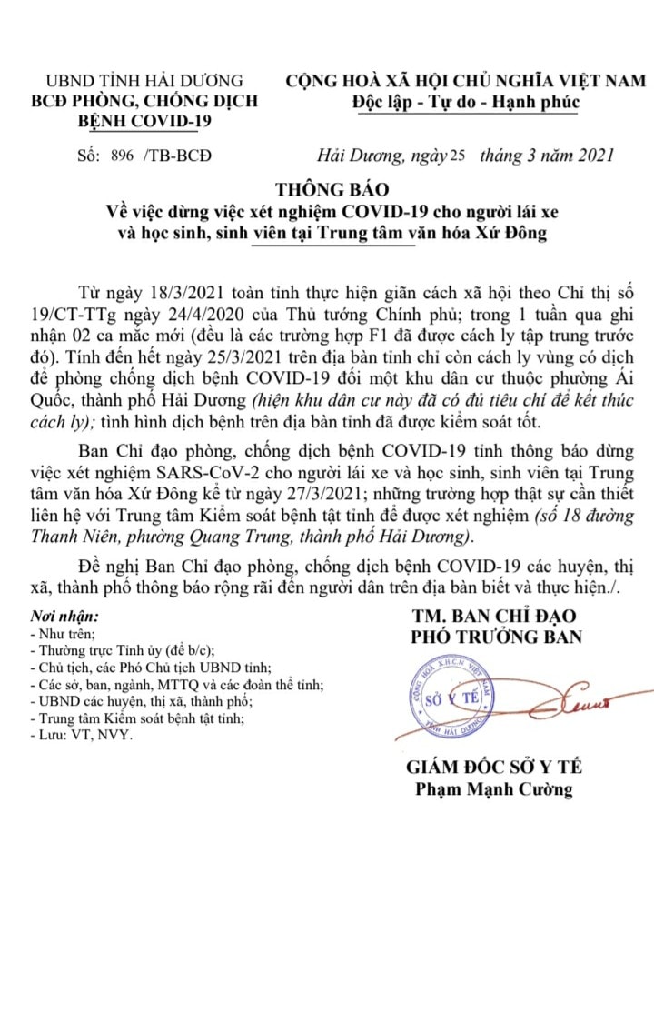 Hải Dương Dừng việc xét nghiệm Covid-19 cho người lái xe và học sinh, sinh viên tại Trung tâm văn hóa Xứ Đông