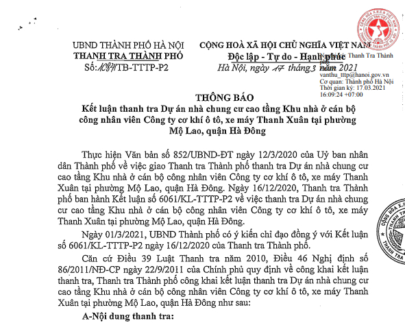 Thanh tra kiến nghị chuyển hồ sơ sai phạm của Công ty Cơ khí ô tô, xe máy Thanh Xuân lên Bộ Công an
