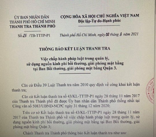 Thanh tra TPHCM chỉ ra hàng loạt sai phạm tại ban Bồi thường, giải phóng mặt bằng quận 3