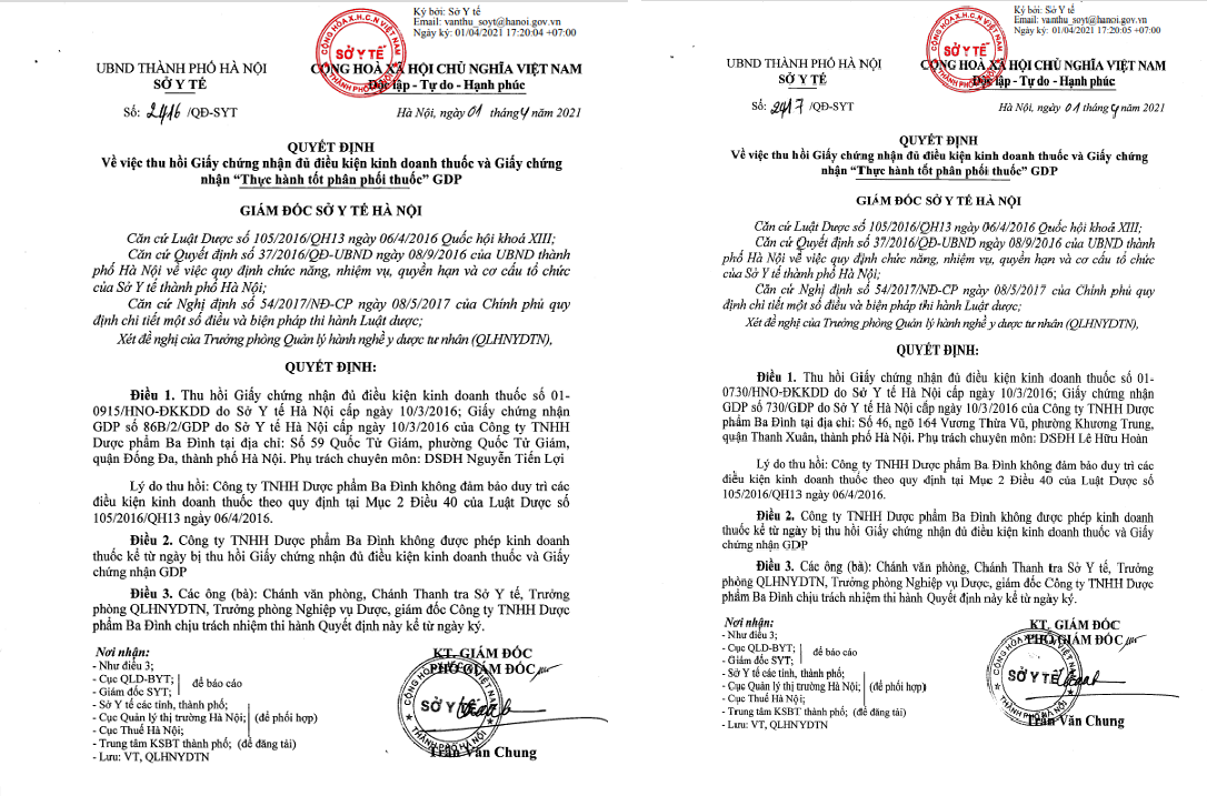 Thu hồi Giấy chứng nhận đủ điều kiện kinh doanh thuốc và Giấy chứng nhận thực hành tốt phân phối thuốc GDP của Dược phẩm Ba Đình