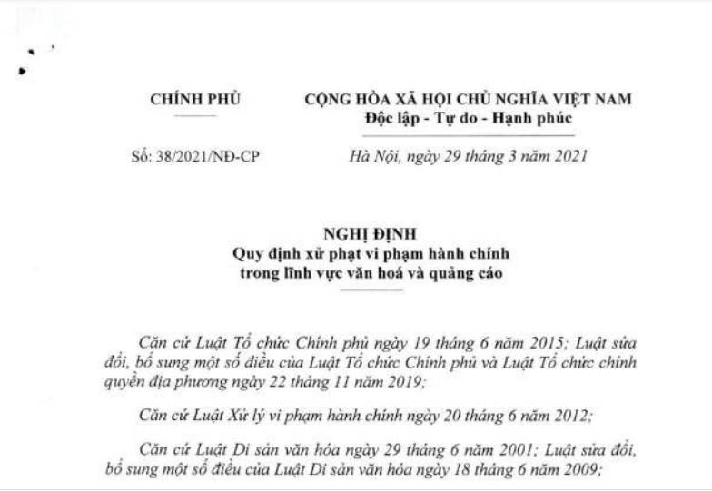 Nghị định mới nhất quy định xử phạt vi phạm hành chính trong lĩnh vực văn hóa và quảng cáo