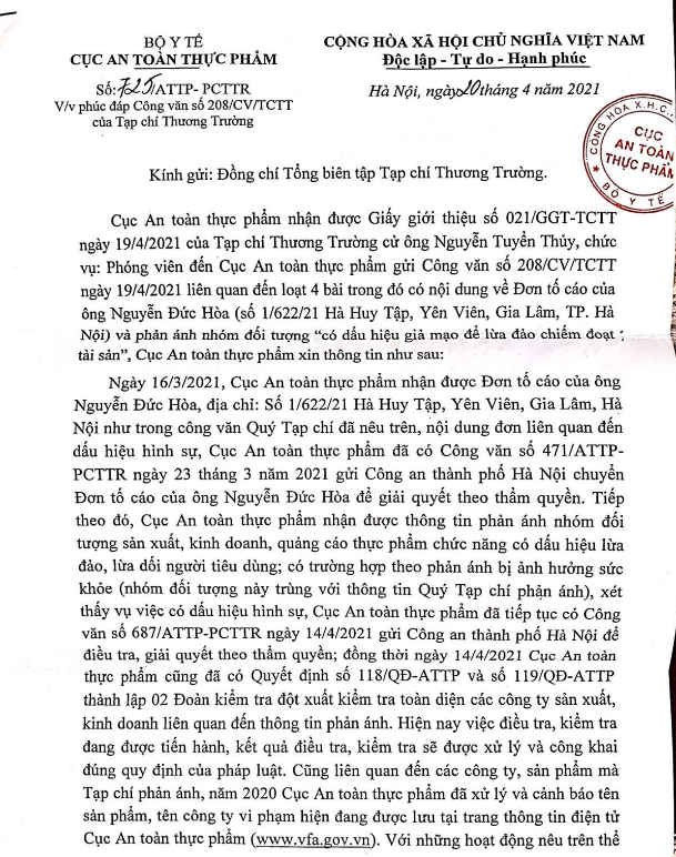 Bài - 5 Cục ATTP đề nghị Công an TP Hà Nội vào cuộc điều tra đường dây giả danh bác sĩ bán TPCN GenX, Zawa… có tổ chức lừa dối NTD