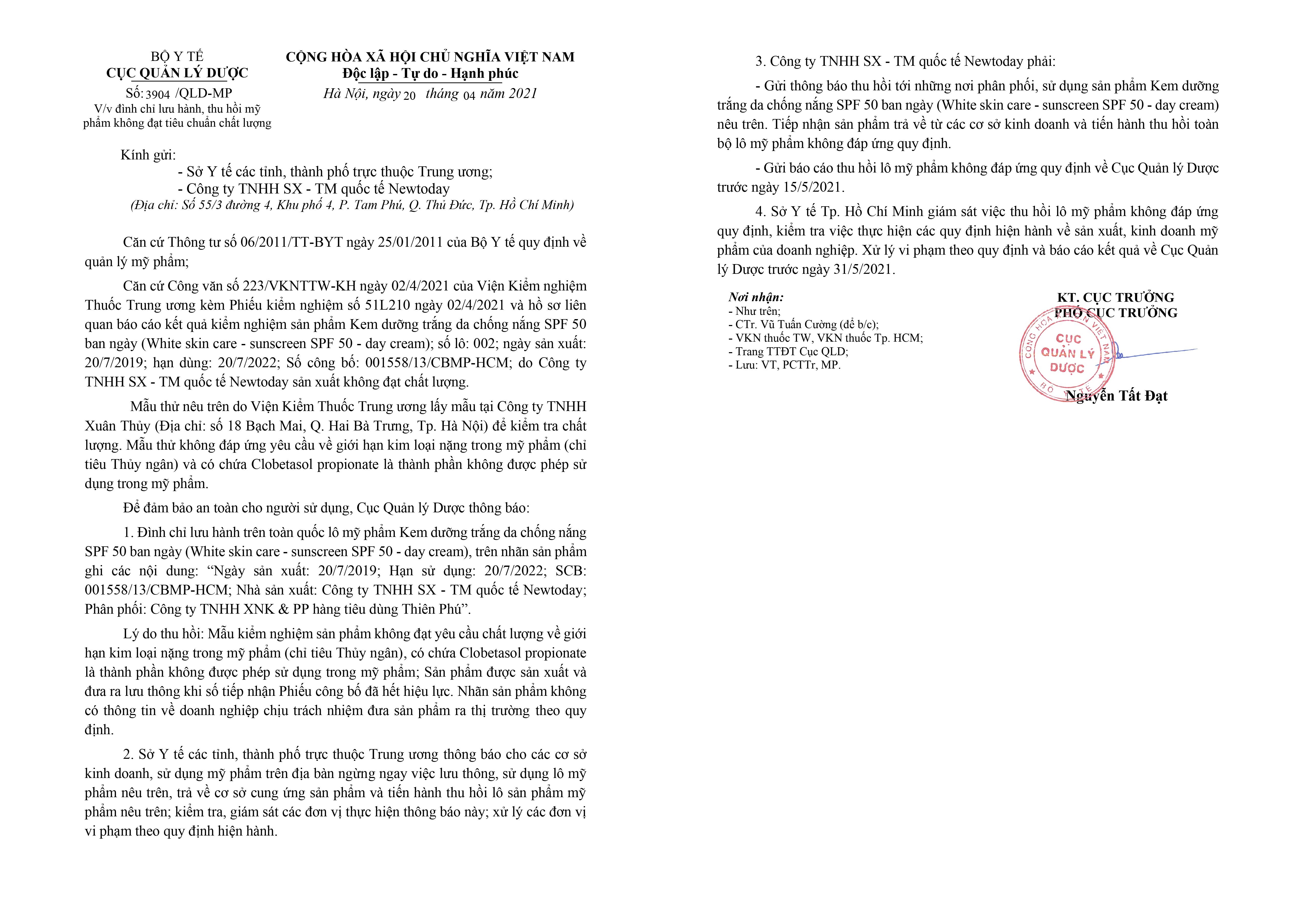 Lô Kem dưỡng trắng da chống nắng của công ty Newtoday bị thu hồi vì chứa chất cấm