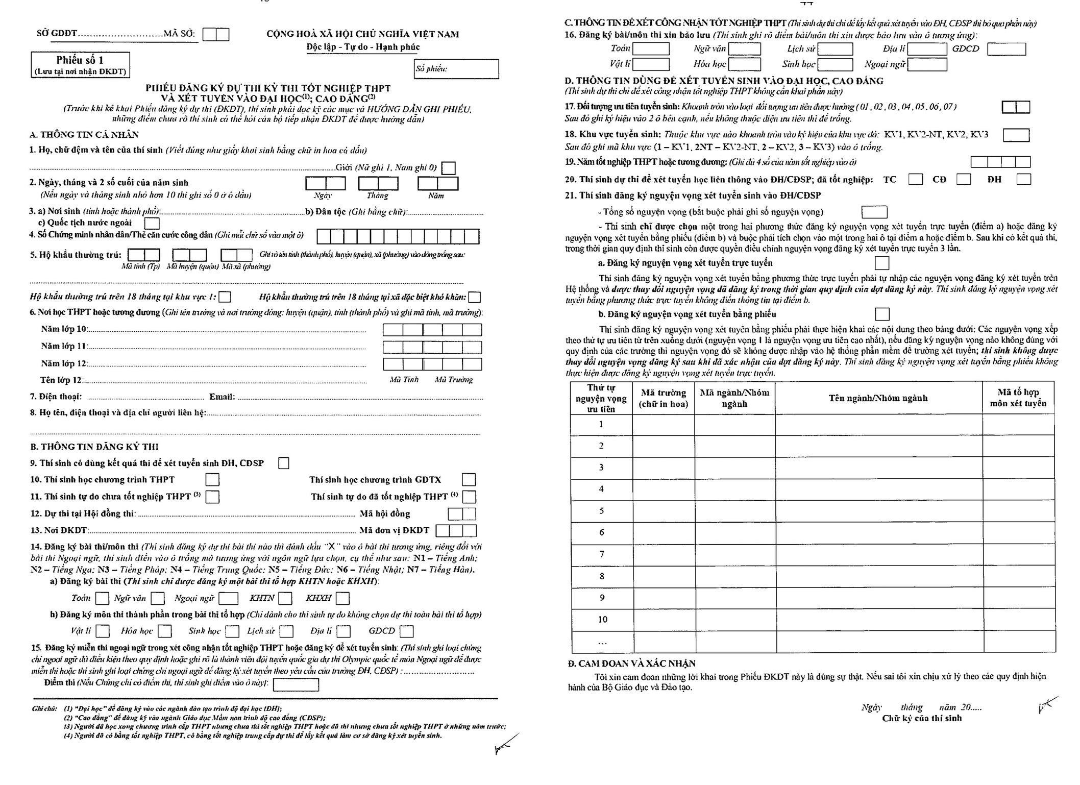 Hướng dẫn ghi phiếu đăng ký dự thi tốt nghiệp và xét tuyển đại học năm 2021