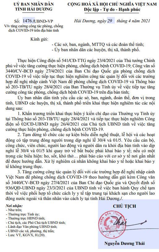 Hải Dương Xử lý nghiêm cá nhân không khai báo y tế hoặc khai báo y tế không trung thực khi ra khỏi địa bàn tỉnh dịp nghỉ lễ 304-152021