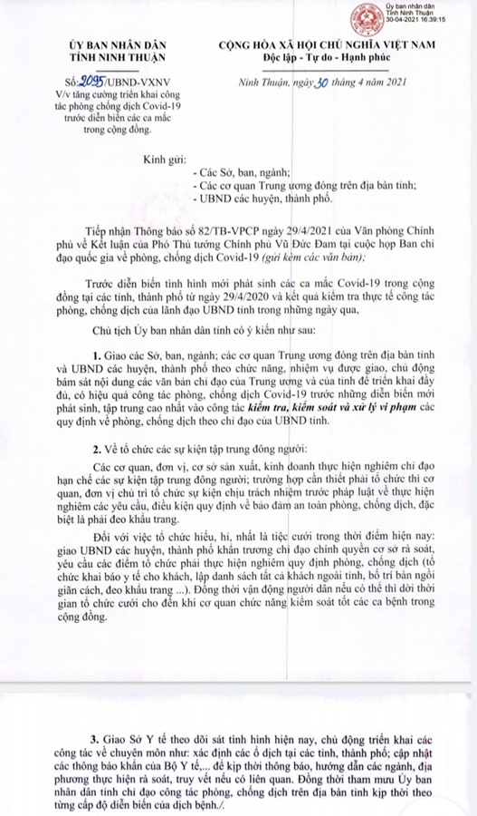 Một văn bản...“kỳ cục” về chống dịch Covid-19 của Ninh Thuận
