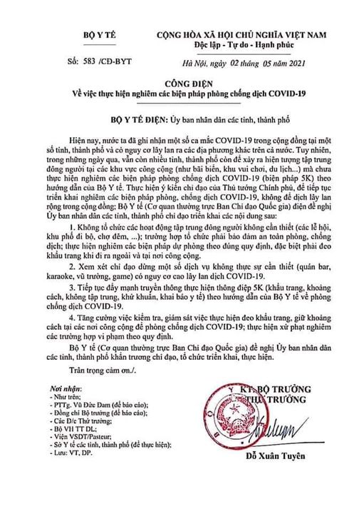 Bộ Y tế điện khẩn Gửi các tỉnh, thành phố trực thuộc Trung ương  thực hiện nghiêm quy định phòng chống dịch Covid-19