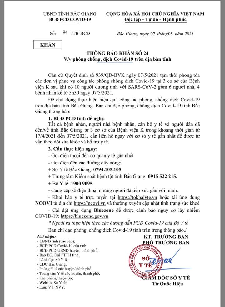 Bắc Giang Thông báo khẩn số 24 tìm người đến từ 3 cơ sở của Bệnh viện K