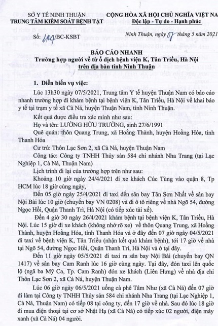 Cách ly một người ở Ninh Thuận về từ vùng dịch tiếp xúc nhiều người